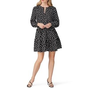 Kate Spade Cloud Flower Polka Dot Black Long Sleeve Dress Tiered